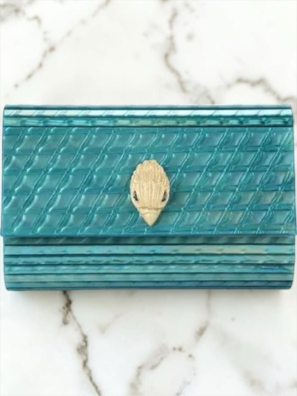 Kurt Geiger Teal Party Clutch with Gold Emblem